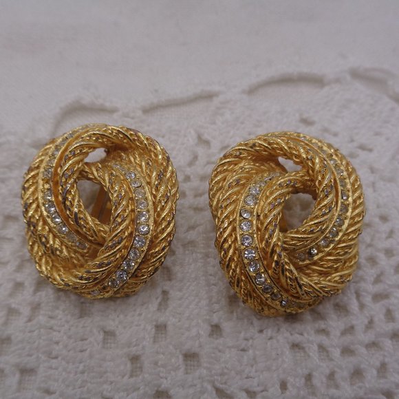 Vintage Christian Dior Gold Tone & Rhinestone Knot Clip Earrings - Picture 1 of 6